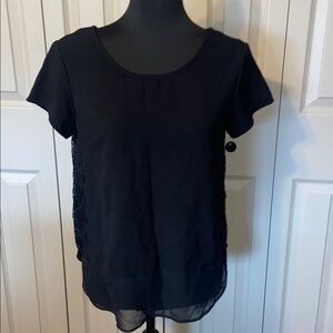 Ann Taylor LOFT Black Crepe Short Sleeve Top Side Lace Inset Women’s Small